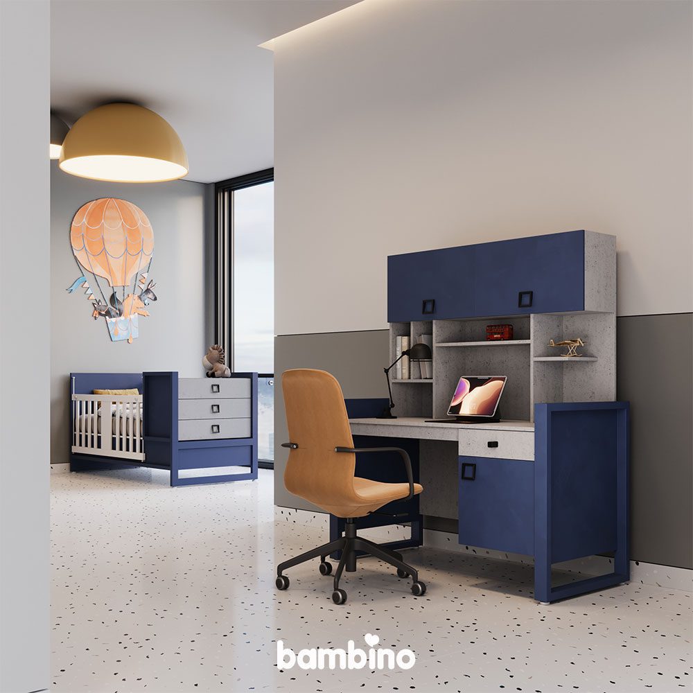 میز تحریر با کتابخانه وگا | طرح پسرانه طوسی سرمه ای میز تحریر با کتابخانه وگا