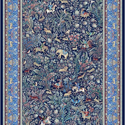 فرش ماشینی نقش شکارگاه 2 کلکسیون حریر با رنگ سرمه ای 1500 شانه
