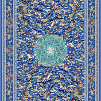 فرش ماشینی نقش شکارگاه کلکسیون حریر با رنگ سرمه ای 1500 شانه