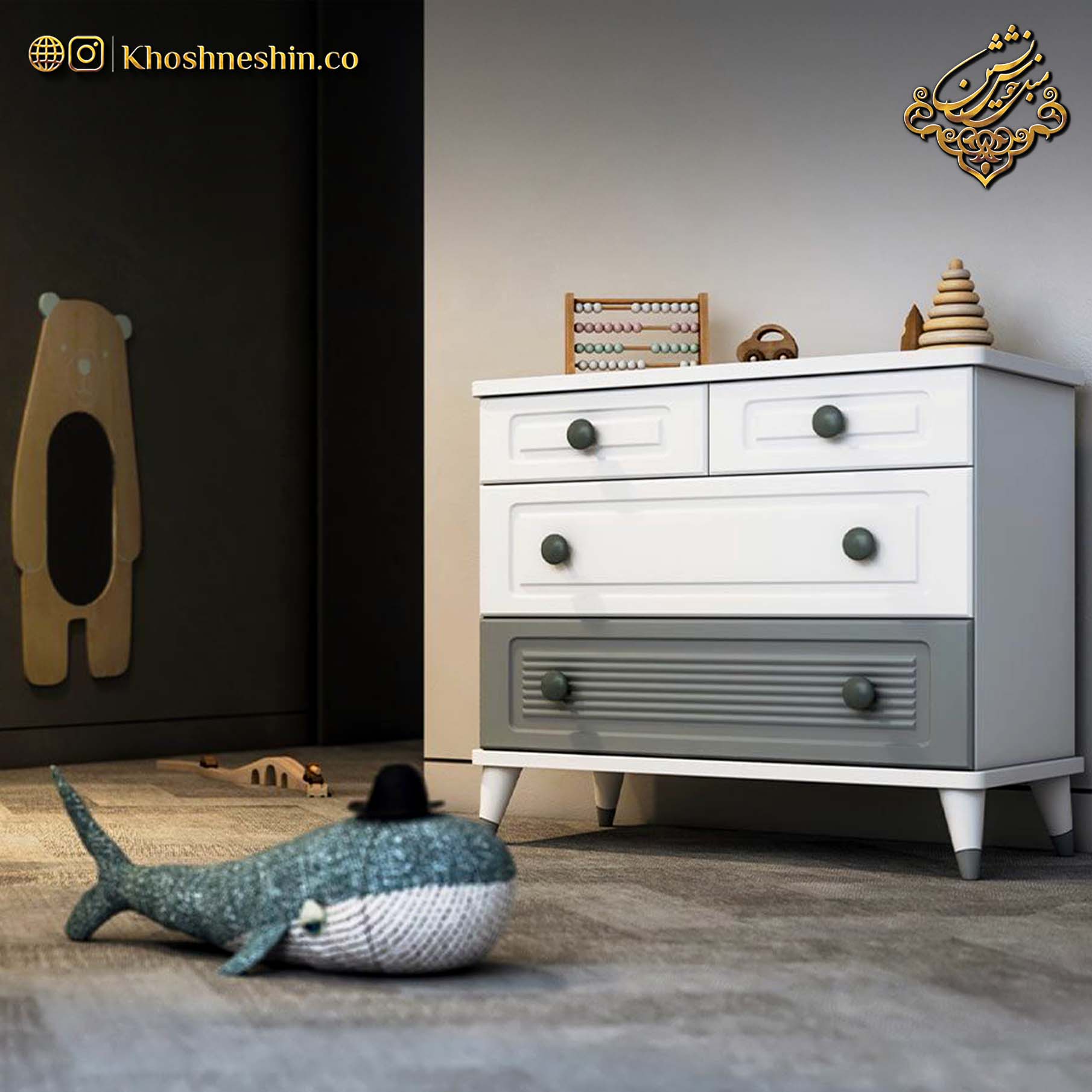 دراور اتاق کودک سفید طوسی