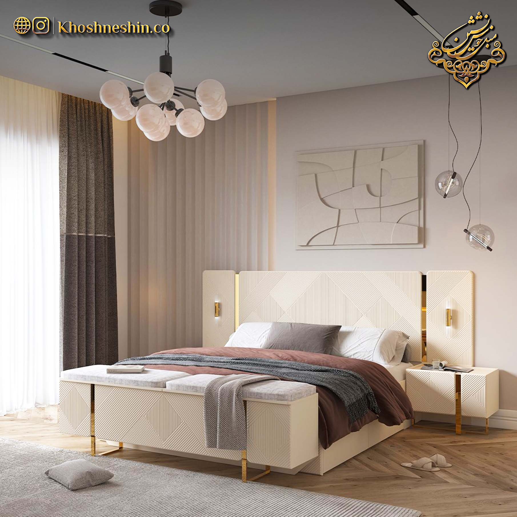 تخت قشنگ و لاکچری با چراغ خواب