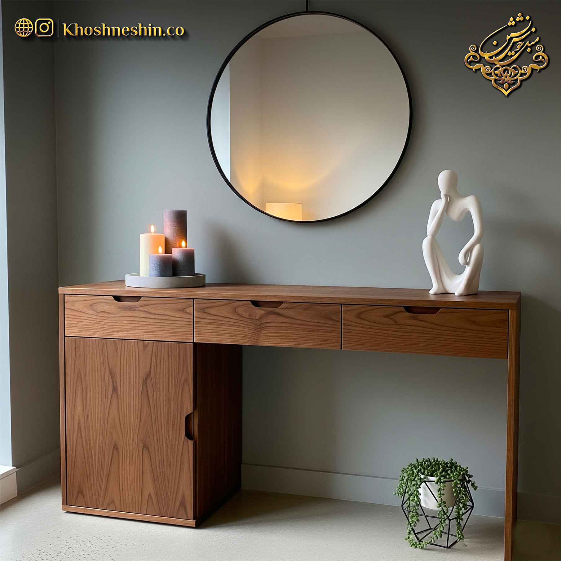 چیدمان میز کنسول با شمع و مجسمه