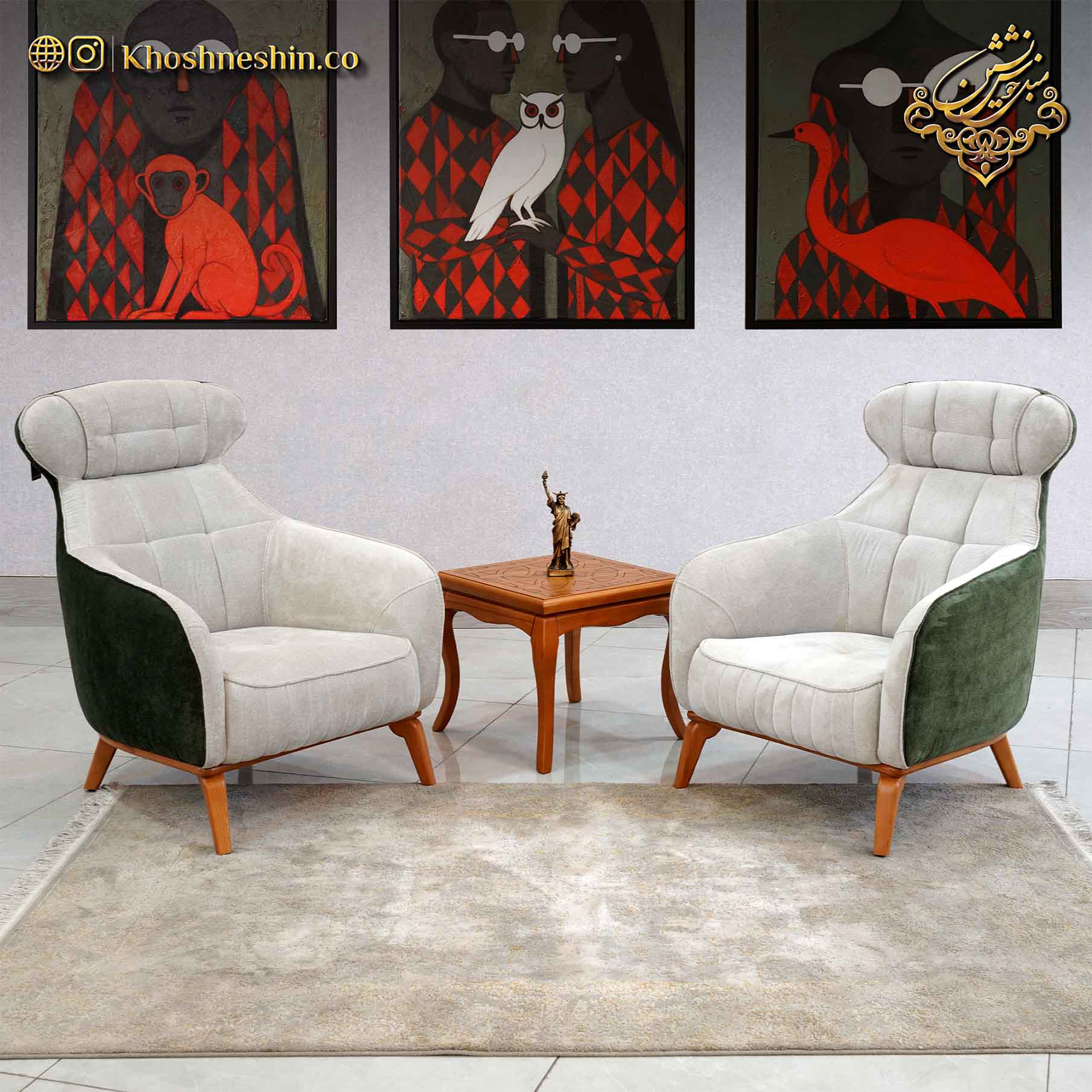 چیدمان مبل راحتی سبز و کرم