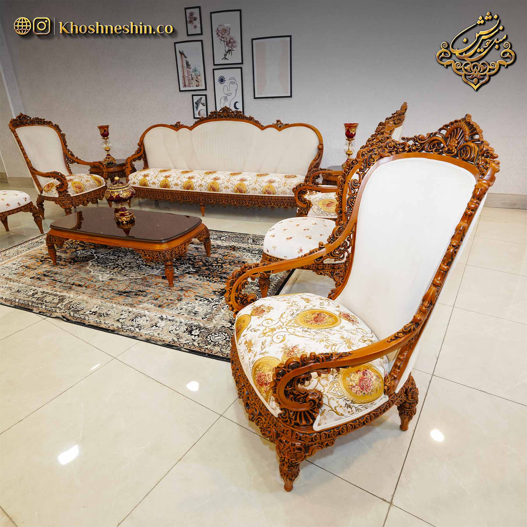 مبل سلطنتی مدل ناپلئون با پارچه شیری و طراحی بی نقص