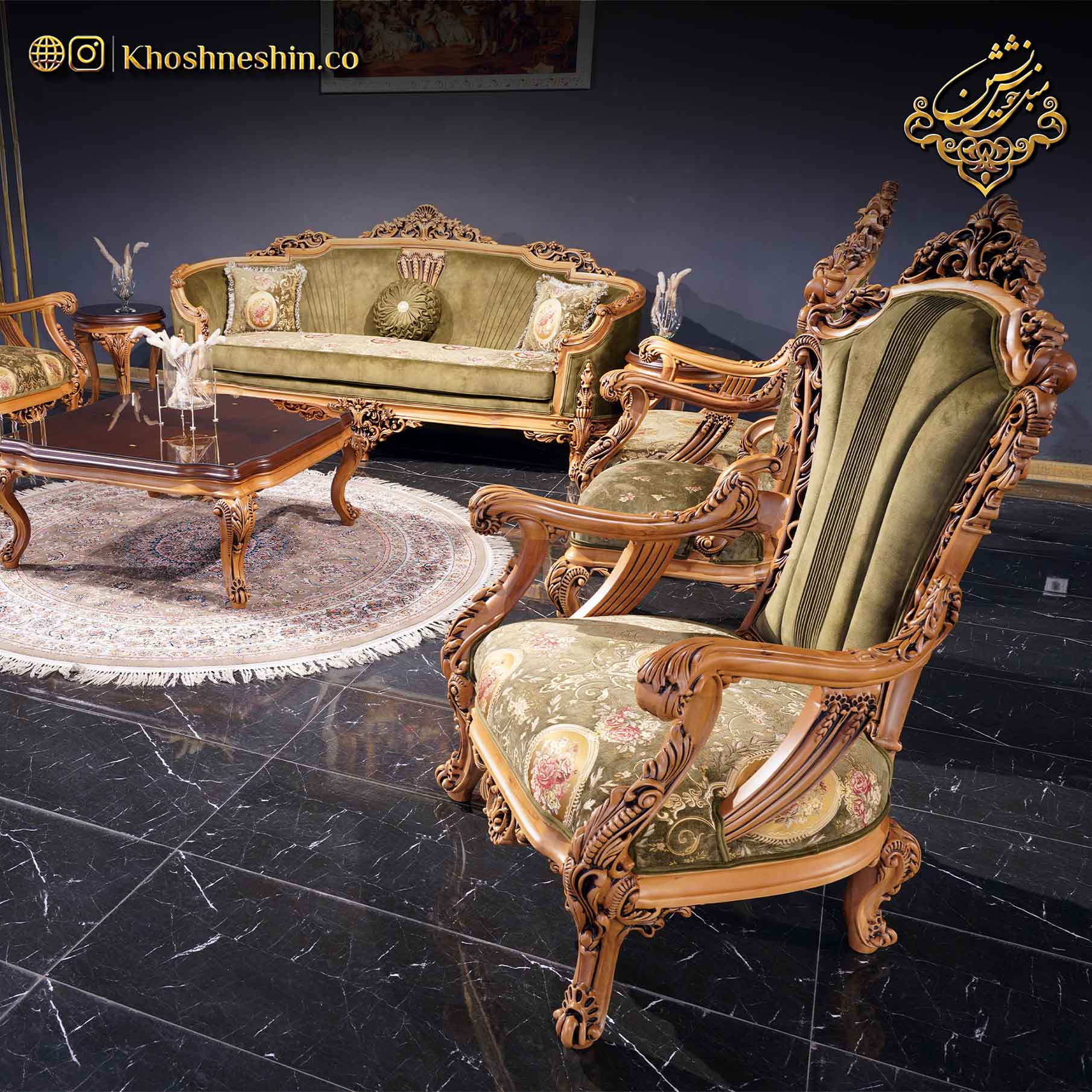 مبلمان سلطنتی مدل ژاکلین با پارچه سبز