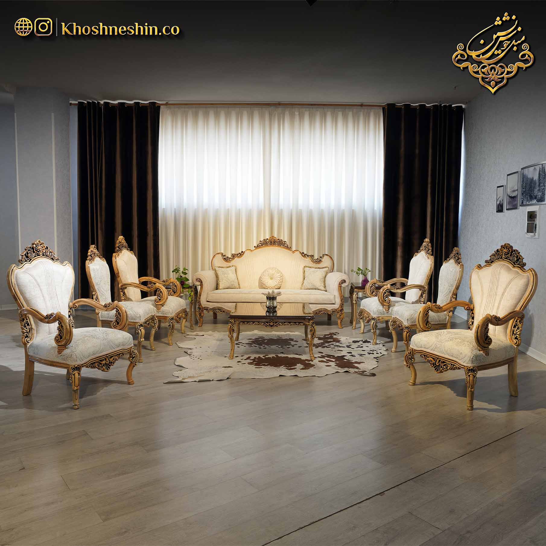 مبل کلاسیک کرم مدل آیدین با دسته های بزرگ